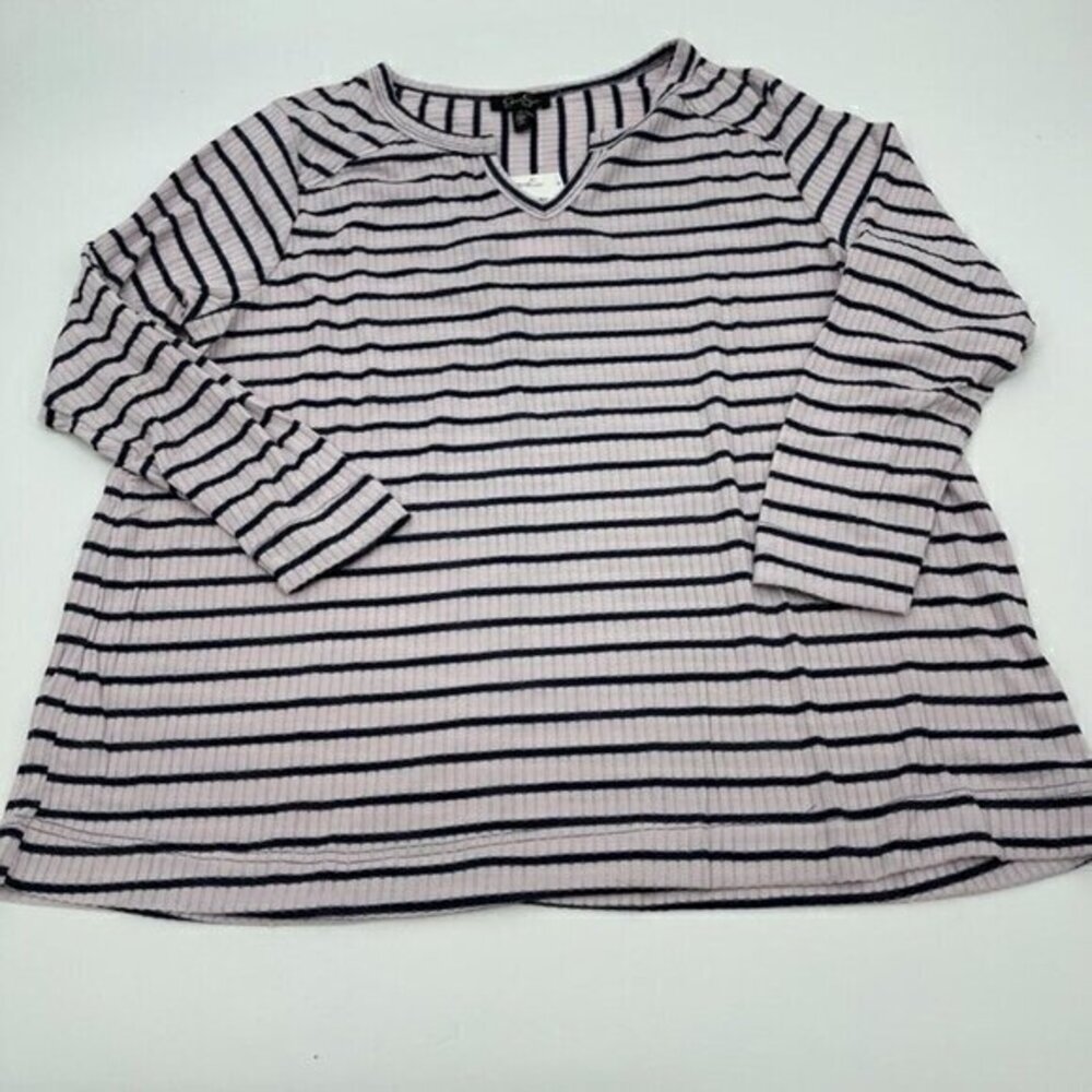 Jessica Simpson Womens Blouse 1X Purple Black Striped V Neck Casual Plus Size
